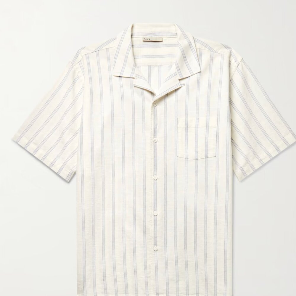 ONIA Vacation Convertible-Collar Striped Cotton and Linen-Blend Shirt